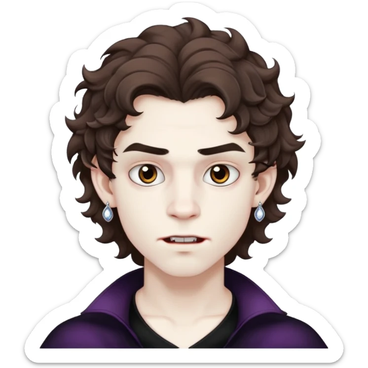 vampire teen boy with pure white skin, wavy medium brown fluffy hair, eyebrown piercing and zirconia earrings sticker