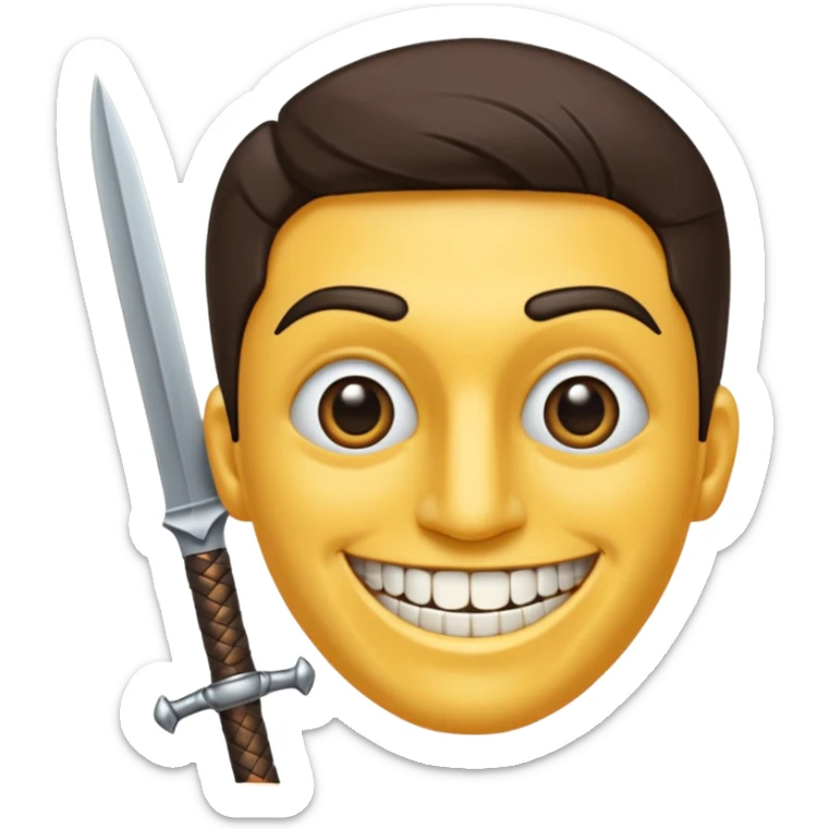 Haz que tenga una sonrisa epica una cicatriz en el ojo serrado y una espada entre los dientes y dos más a cada lado. sticker