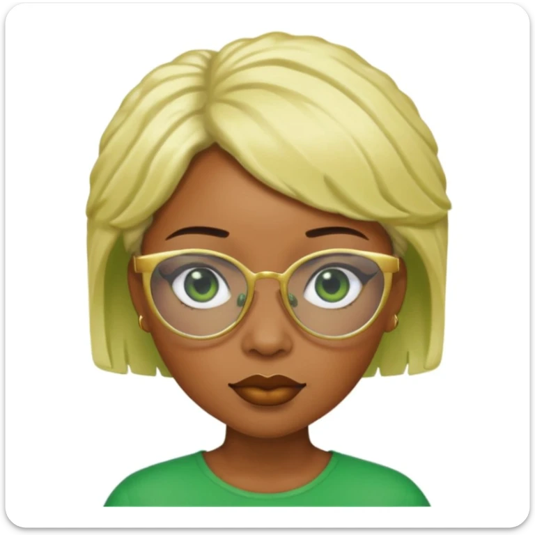 Caramel skin black woman 52 with green glasses that have gold edges and very blonde hair that’s very short but still puffy and small sticker