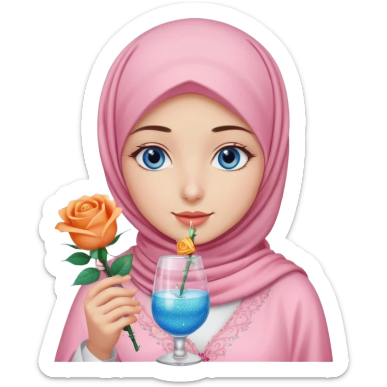 Turkish beautiful finish Konya girl blue eyes with light pink hijab islamic dress and had on her hand Glittery rose mocktail with orange light pink roses sticker