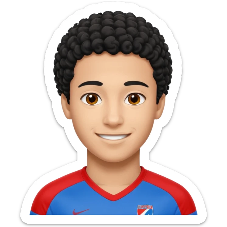 Lamine Yamal, young footballer, short curly hair, smiling, blue and red jersey, simple background sticker