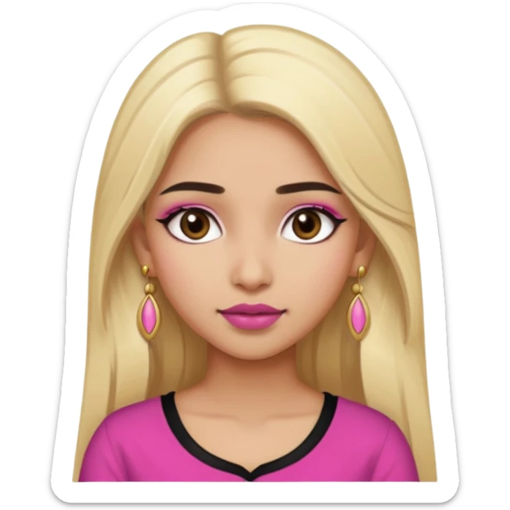 Sweet Indian girl blond long hair darkbrowm eyes brown/pink lipstick pink blush black top gold earrings brown eyebrows  sticker