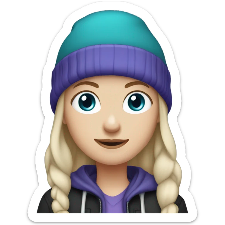 White girl, blue eyes, long teal hair, purple beanie hat, black hoodie, blue jeans, black shoes sticker