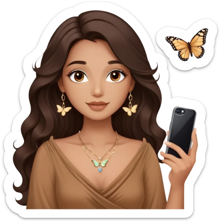 A girl with long dark wavy hair, soft glam makeup, wearing a brown top with a draped neckline, natural glowing skin, and a small delicate necklace. Calm and elegant expression, holding a butterfly-decorated phone case while taking a selfie sticker