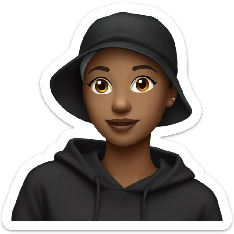 pretty african american girl with black baseball hat and black sweatshirt hoodie pixie cut with laptop sticker