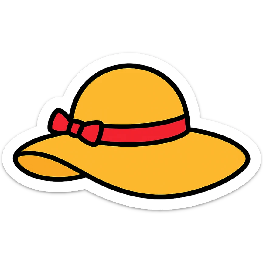stylized Sophie hat icon inspired by Howl's Moving Castle, wide brim, red ribbon, gentle curve, modern icon style sticker