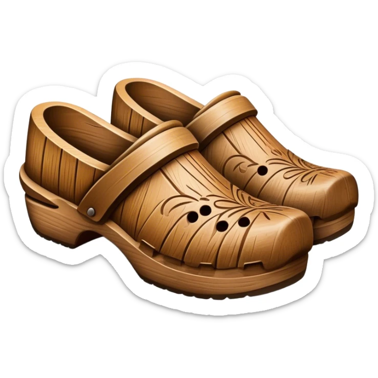 Cinematic Realistic Wooden Clogs Emoji, depicted as a pair of traditionally carved weathered wooden clogs with intricate details and rustic charm, rendered with rich textures and warm natural lighting that captures their cultural heritage. sticker
