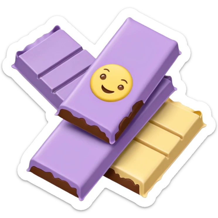 emoji style flat illustration, pastel lilac Milka chocolate bar, beige pink yellow accent tones, light grain, no background, pinterest sticker aesthetic sticker