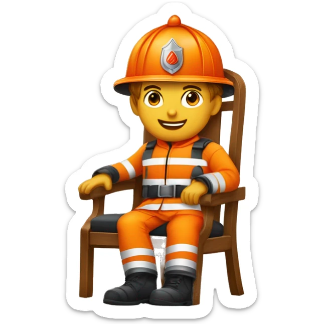 Jeune sapeurs pompiers en tenue de feu casque orange sur une chaise qui sert la main à une personne  sticker