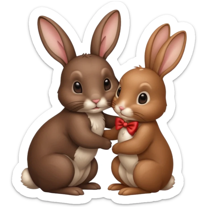 dunkel brauner hase kuschelt mit anderem hellbraunen hase mit schleife am ohr sticker