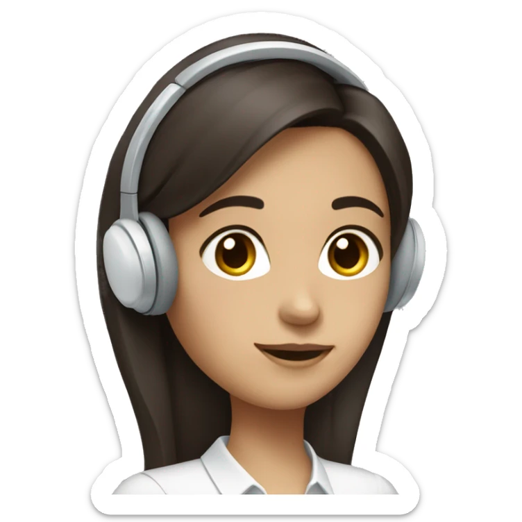 girl with long, straight dark brown hair,  dark brown eyes, with white elegant shirt, wearing a headset sticker