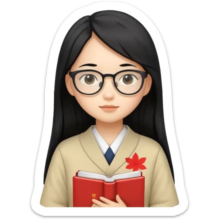 A student, asian girl, long black hair, wearing glasses, japanese uniform, hold book in front of their chest sticker