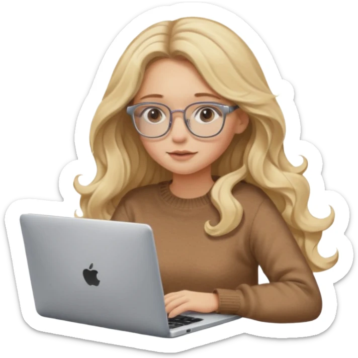 blonde girl with long dark blonde wavy hair, pantos-style glasses, a brown sweater, sitting and looking in laptop, soft pastel, upper body shot sticker