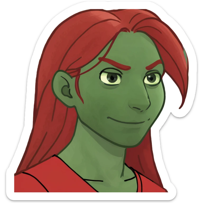 A girl with long red hair. She has a neutral expression on her face,wearing a red v neck shirt. Her hair is in a side part with edges on the side.her eyes are low,she is a bit brown skinned, and she has long eyelashes sticker