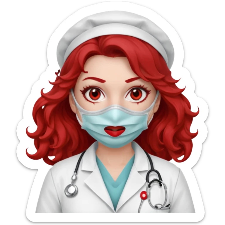 Scary woman scalpel in hand, evil surgeon sexy surgeon clothes.  She has red eyes. Her  brown long curly hair. Wears sexy doctor outfit with red gloves. make her hair free and brown but have mouthy  wear  mask  to hide. Wears white surgeon jacket and  face under a veil sticker