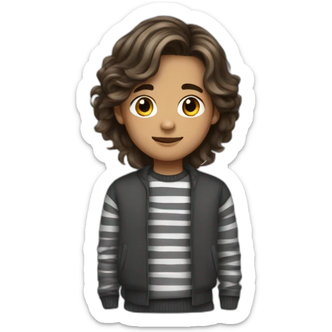 teenager boy brown long wavy hair and dark gray striped sweater sticker