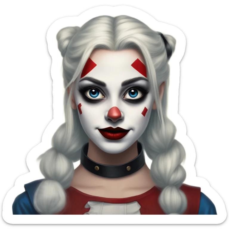 Dalahäst in Harley Quinn style, oil paint, mysterious eyes, intricate lips, masterpiece portrait, odd perspective, beautiful, desirable, logical sticker