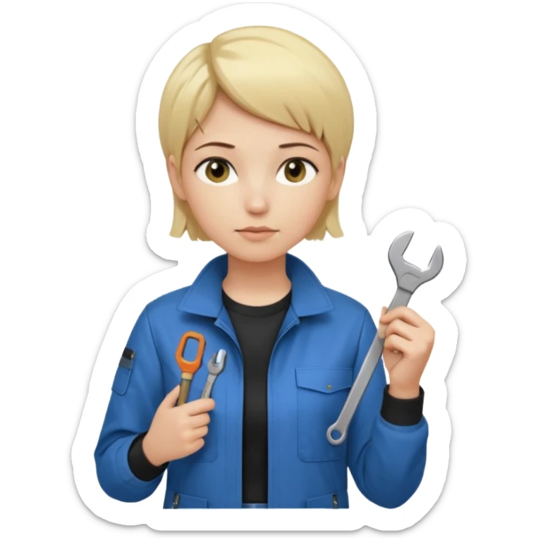 Calm and independent female engineer, fair skin, short straight blonde hair tucked behind the ears, neutral but focused expression, wearing a fitted blue utility jacket over a black crew-neck top, holding a small wrench in one hand and a circuit board in the other, waist-up, front-facing sticker