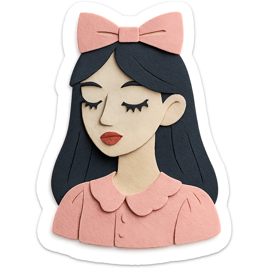 paper craft style illustration of a pale girl with long dark hair, pointy tip nose, full lips, long lashes, v-shaped jaw, wearing light pink coquette clothes sticker