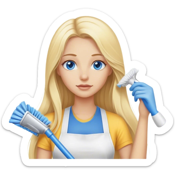 Cinematic realistic blonde with long hair, blue eyes cleans the room sticker
