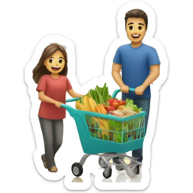 a family with a wheelbarrow full of groceries is shopping in a supermarket sticker