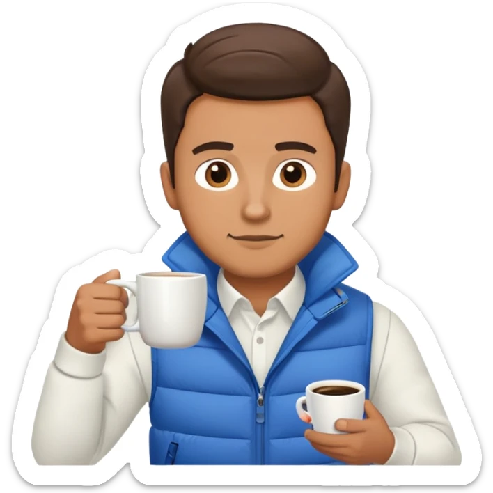 full body man wearing long sleeve white shirt with blue puffy winter vest holding a cup of coffee in front of him and nothing in his other han sticker