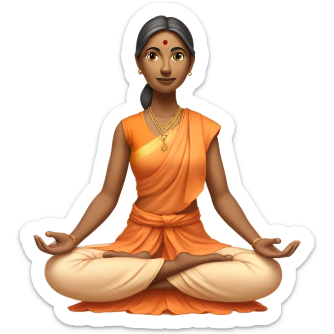 an  Indian woman, sleeveless pastel shirt
 yogi with a peaceful and meditative expression. The character should be wearing an orange robe, symbolizing traditional yogic attire. The yogi can be sitting in a lotus position sticker