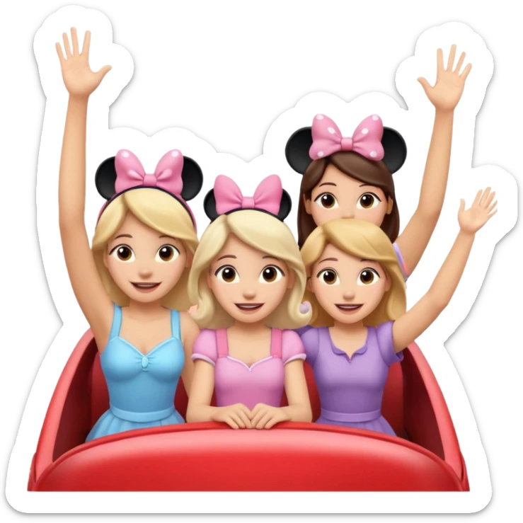 quatro chicas montadas en una atraccion de levantando la mano con orejas de Disney puestas en una atracción sticker