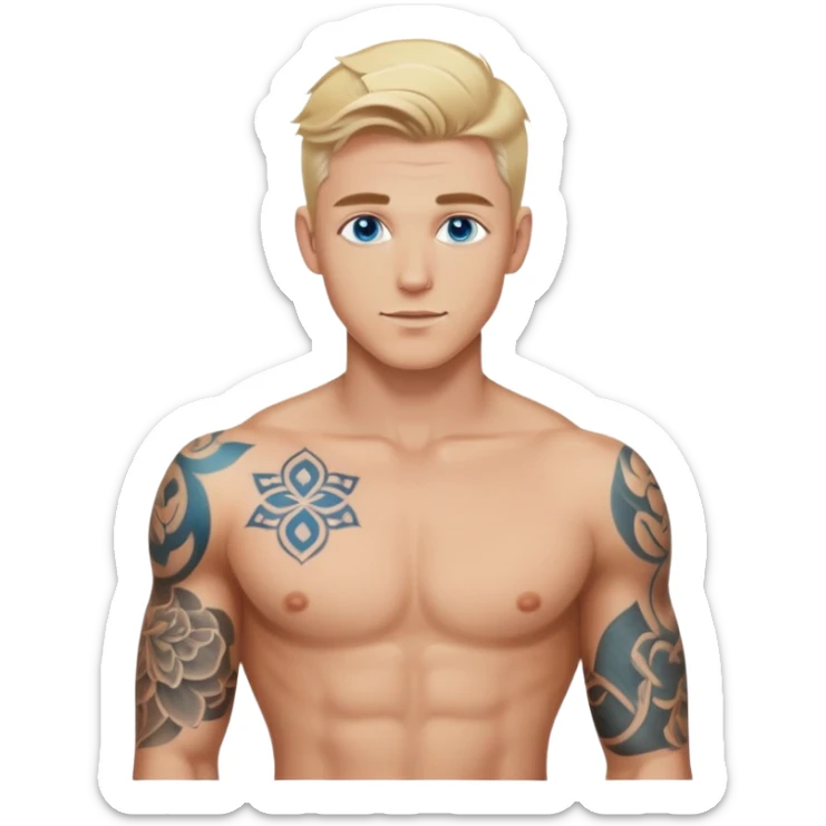 Handsome shirtless blonde hair and blue eyes white guy with body tattoos sexy pose sfw sticker