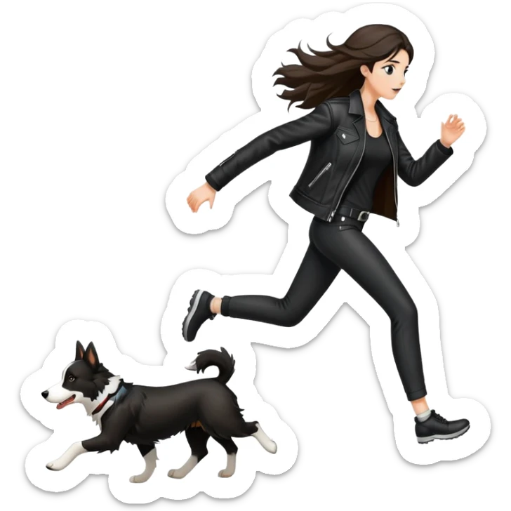 A beautiful tall girl with fair skin and long hair wearing a black leather jacket and black pants running with a Border Collie sticker