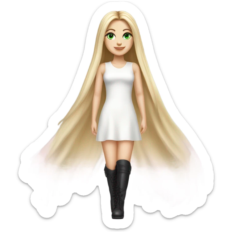 Realistic White girl with Long straight blonde hair, green eyes, tattoos, full body wearing white dress and pink knee-high leather boots, posing sticker