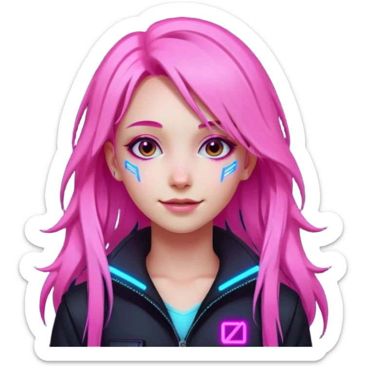 girl neon cyberpunk light pink happy long hair sticker