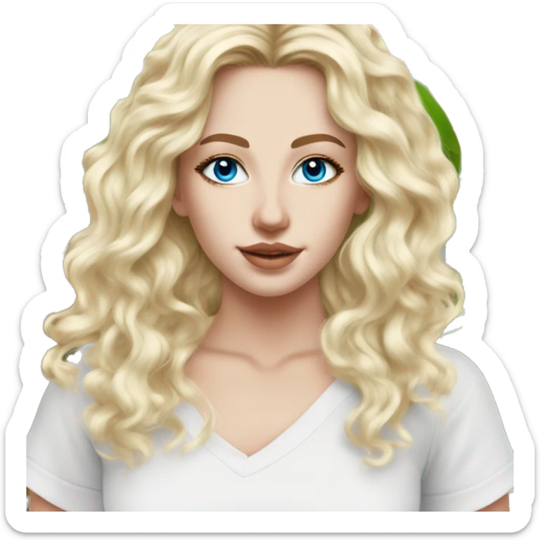 White girl- ocean blue eyes - beauty face mask massage -full care- blonde long curly hair  white off shoulder shirt sticker