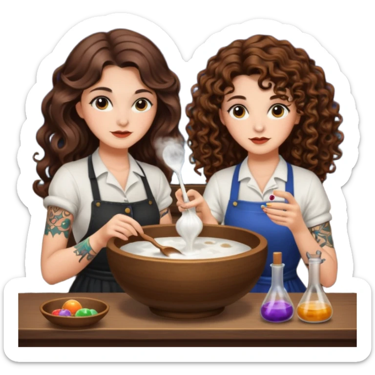 moon bowl mixing — long wavy brown hair tattooed woman and short tight curly brown hair woman — potion scene sticker