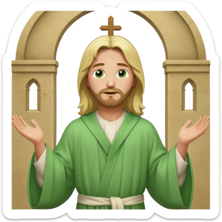 Jesus, green eyes, blonde hair, light green church robe. opening arms, gazing thoughtfully. Soft light, subtle fern. Waist-up, profile. sticker