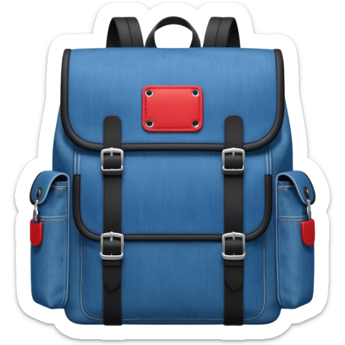 Minimalist emoji-style icon of a stylish blue denim backpack with a flap top, two vertical black buckle straps, a large red-white-navy horizontal block in the center, and two zipper side pockets. Inspired by Tommy Jeans design. Front view, cartoon-like, clean design.

 sticker