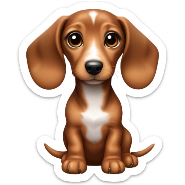 baby puppy dachshund with short hair and brown/ruby color with 3 white paws and the front left is brown with a little bit of white on the chest as well and the dog is female  sticker