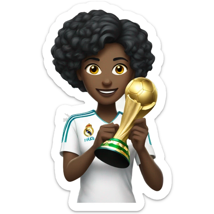Women with black hair holding the soccer world cup trophy, wearing a real madrid jersey sticker