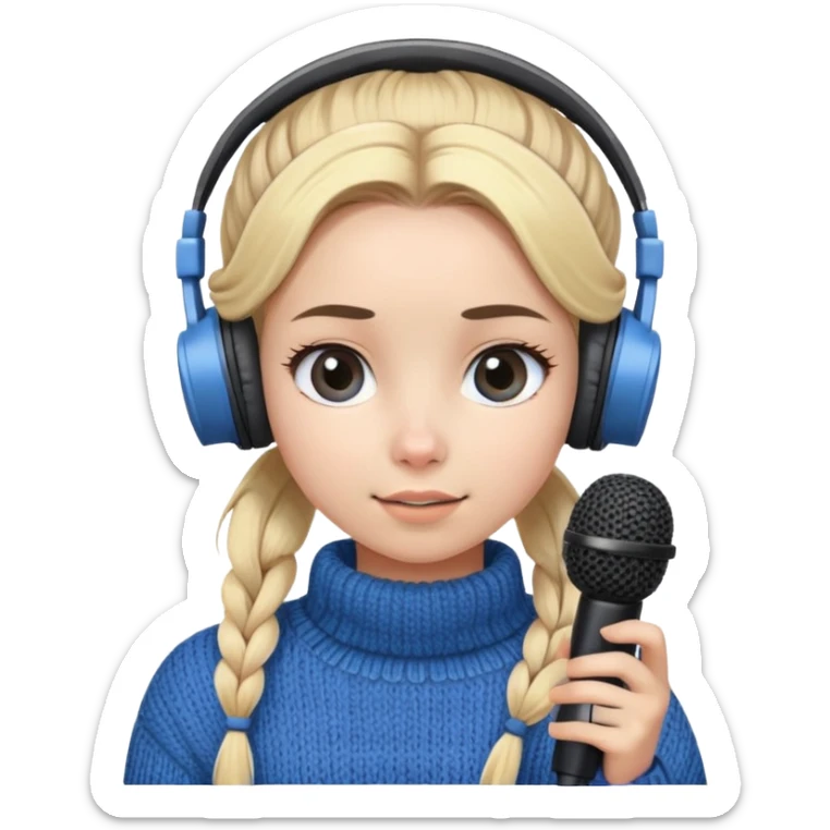 a cute face girl have bright white skin with blue knitwear with a blonde hair
bun and her job is a podcaster (recording
microphone in front of her not held and a
headphone in her head) sticker