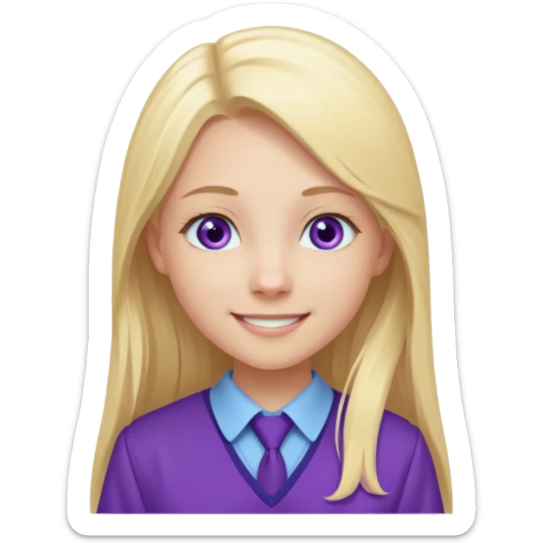 A pale girl with light blue eyes and long and blonde straight hair , smiling wearing a purple school uniform  sticker