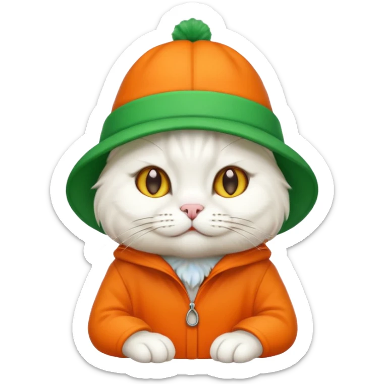 white cat with orange coat and green hat that says 'I'm cat', emoji style variation 4 sticker