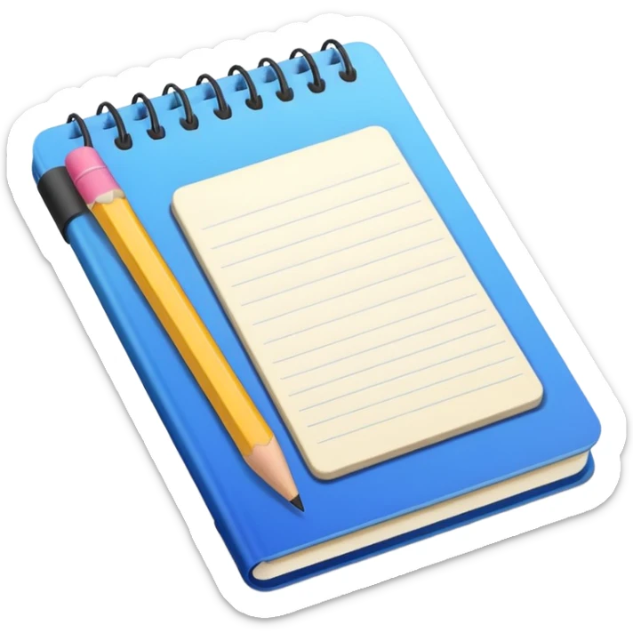 Emoji of a notebook with a pencil, iPhone emoji style. Flat design, smooth gradients, rounded edges, soft shadows, clean look, white background. sticker
