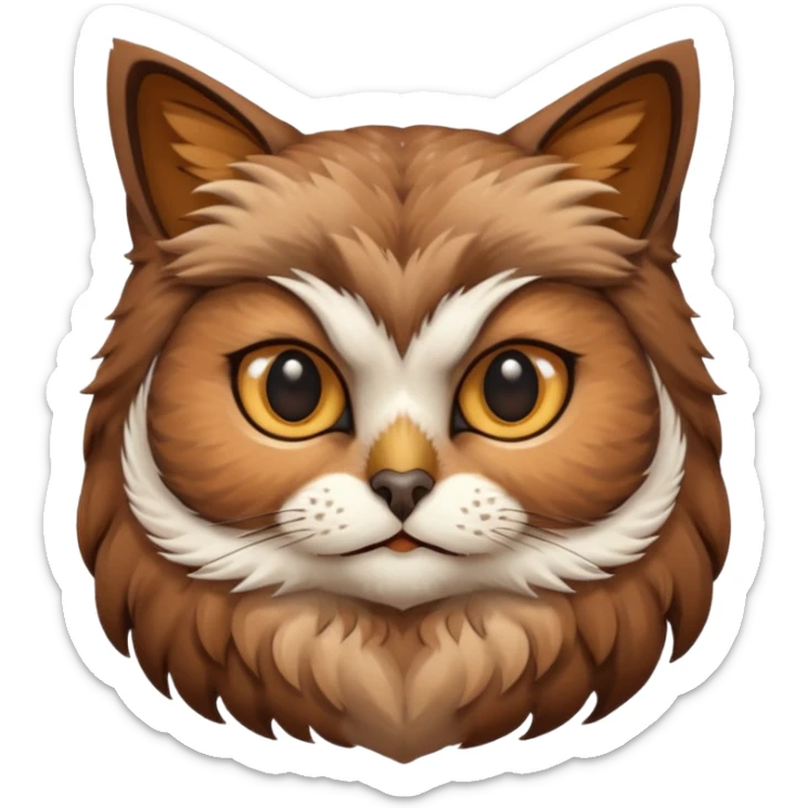 An cats head with a brown on top of the head of the cat the cats head infused with an white owls body with brown wings sticker