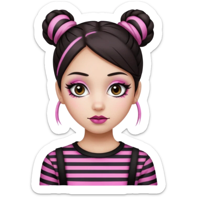 generate a pretty fair bratz girl with dark brown eyes. Dark brown hair straight hair with pink highlights tied into buns.  eyeliner. black lipstick. Wearing a white and black striped top sticker