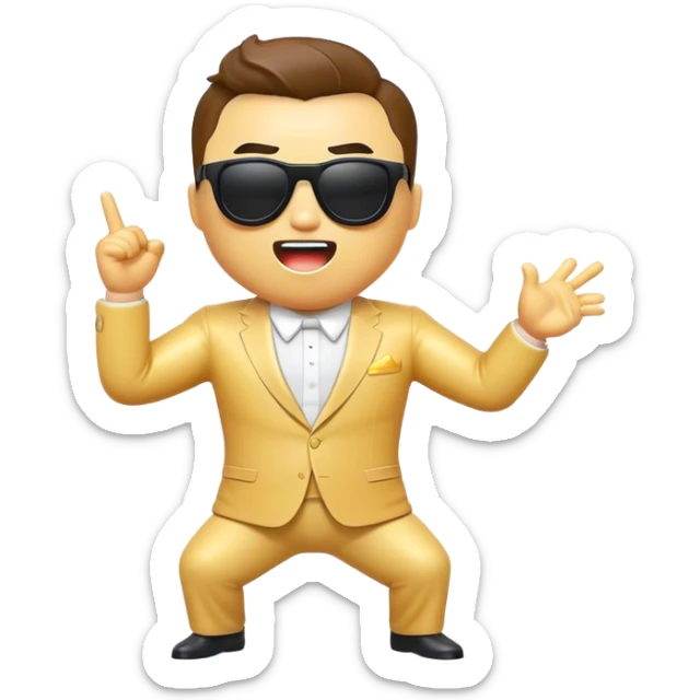 Cinematic Realistic Gangnam Style Pop Culture Emoji, showcasing a playful, iconic portrayal inspired by the hit song rendered with dynamic textures and fun, energetic lighting. sticker