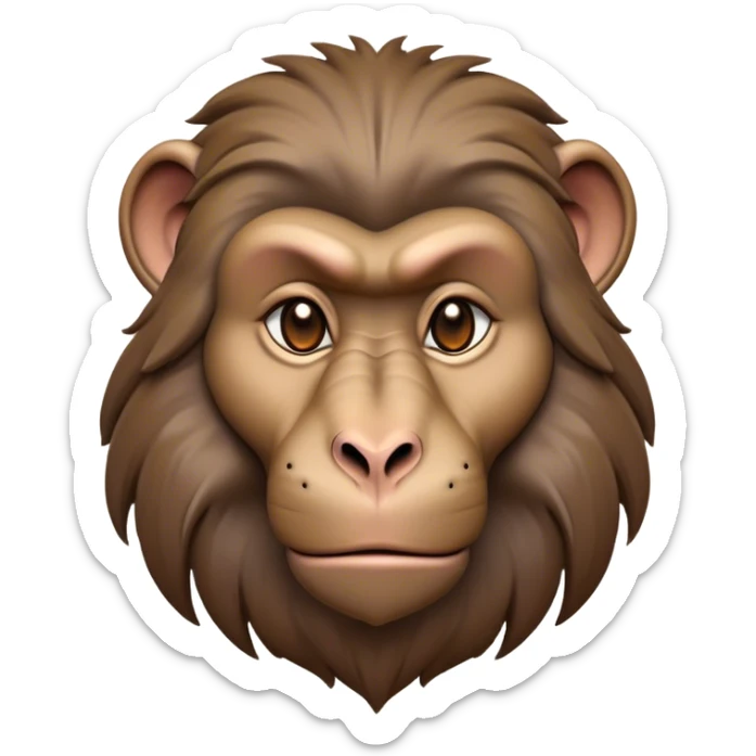 Cinematic Noble Baboon Portrait Emoji, Poised and regal, with a robust, muscular build and a richly textured Fur of earthy browns, deep-set soulful eyes with a mischievous glint, Simplified yet sharp and sophisticated features, highly detailed, glowing with a warm, dignified glow, high shine, intelligent and bold, stylized with an air of untamed urban majesty, focused and attentive, soft glowing outline, capturing the essence of a watchful and confident primate, so majestic it feels as though it could stride out of the screen with effortless authority! sticker