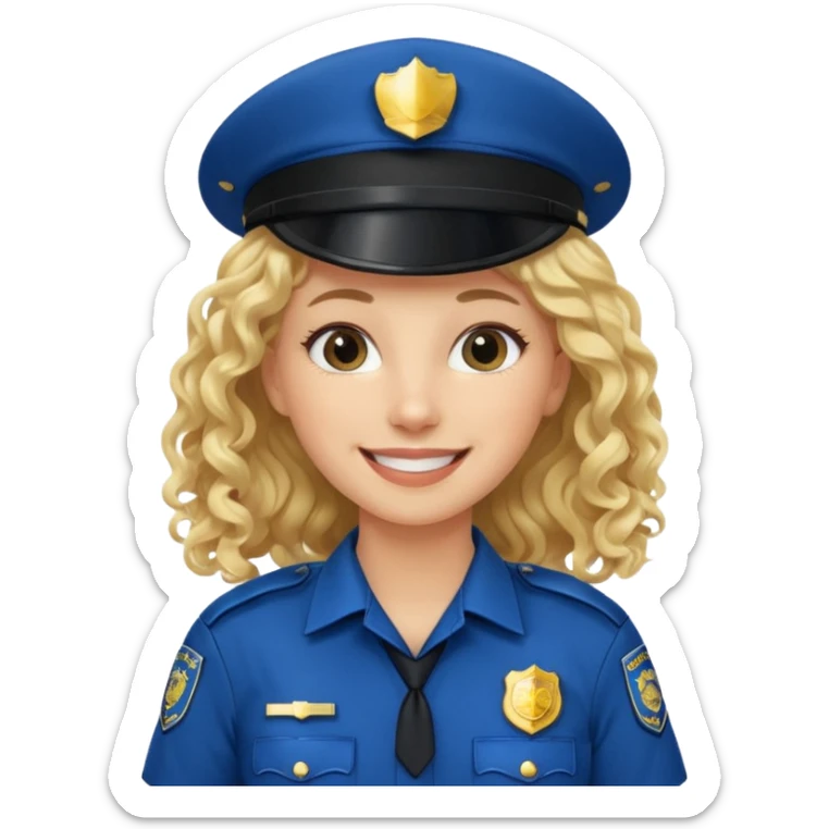 Female POLICE IN blue, long blonde curly hair, happy smile sticker