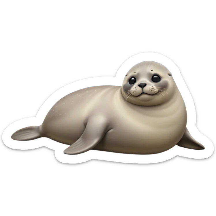 cinematic-seal-realistic-full-body-lounging-emoji,-plump-sleek-body-stretched-out-on-a-rocky-shoreline,-short-smooth-fur-glinting-in-the-sea-breeze,-flippers-tucked-comfortably-beneath-its-body,-large-dark-eyes-filled-with-playful-curiosity,-whiskered-muzzle-lifted-slightly-as-if-smiling,-simplified-yet-realistic-focused-features,-highly-detailed,-glowing-with-a-refreshing-marine-radiance sticker