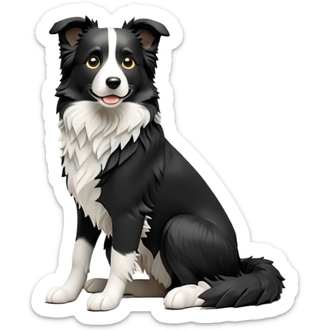 cinematic-[border collie dog]-realistic-full-body-sitting-emoji,-tail-resting-loosely-beside-its-paws,-head-tilted-dramatically,-scruffy-[black and white]-fur,-simplified-yet-realistic-focused-features,-highly-detailed,-glowing-with-an-almost-sarcastic-glow sticker