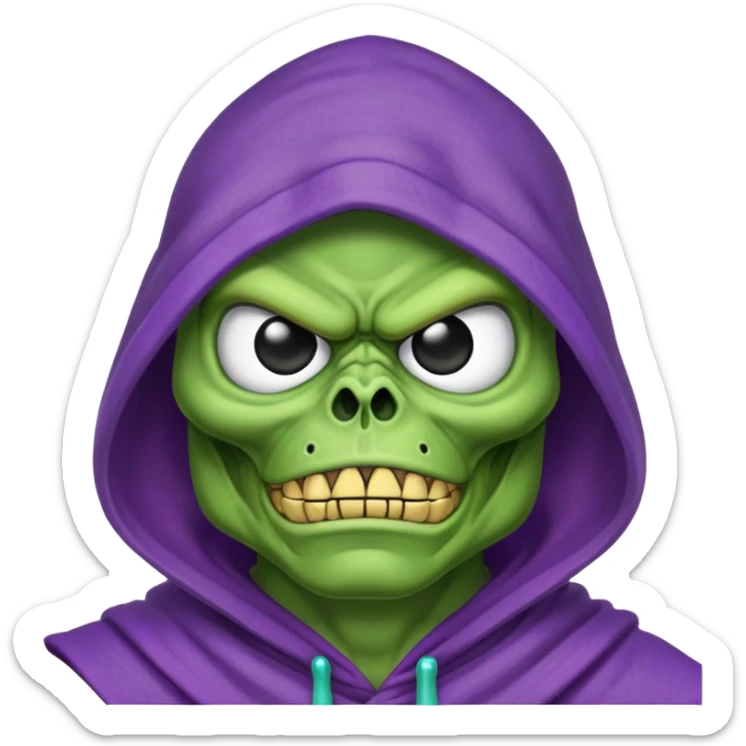 Skeletor character from He-man in purple hood, but in pepe frog style sticker